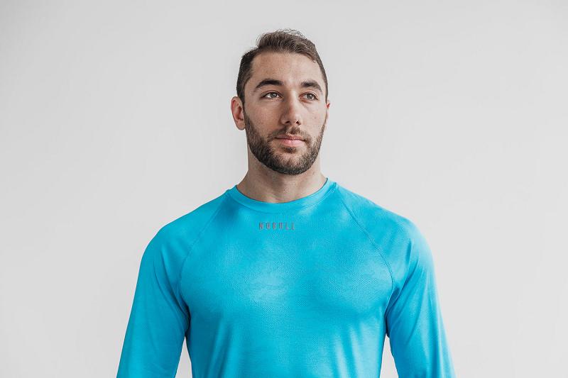 Blue Nobull Lightweight Textured Tee (NEON Camo) Men's Long Sleeve | CA W1582N